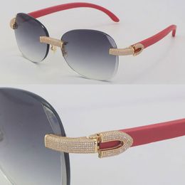 New Micro-paved Diamond Set Rimless Red Wooden Womans Sunglasses Wood Rocks Frame Male and Female Sun Glasses Mens 18K Gold C Decoration Frames 3.0 Thickness Lens UV400