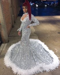 African Black Girl Silver Mermaid Prom Dresses 2022 Stunning Halter Long Sleeves Sparkly Sequin Feathers Evening Occasion Gowns