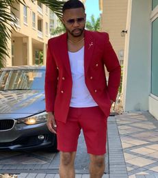 Red Men Suits Double Breasted Jacket Short Pants 2 Piece Summer Stylish Wedding Prom Casual Beach Slim Fit Groom Tuxedos Blazer