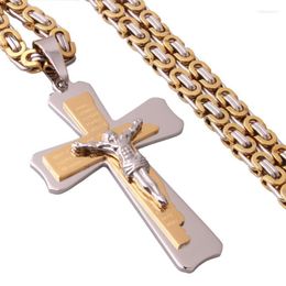 Good Quality Stainless Steel Jesus Cross Pendant Necklaces With Heavy Link Byzantine Chain Men Boys Christian Necklace Chains