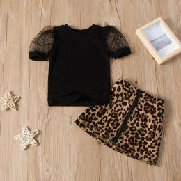 Clothing Sets Kids Girls Toddler Baby Summer Two-piece Lace Short-sleeved T-shirt + Leopard Skirt Casual Floral Outf