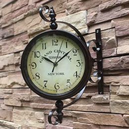 Brown Vintage Double Sided Metal Iron Frame Glass Wall Clock Station Hanging s Garden Decor Y200109