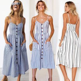 Casual Dresses Vintage Braces Dress Women Summer 2022 Boho Sexy Midi Button Backless Polka Dot Striped Floral Beach