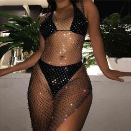 Hot Summer Women Ladies Bikini Crystal Cover-Ups Fishnet Mesh Cover Up Swimwear Beach Bathing Suit Mesh Hollow Out Split Dresses T220816