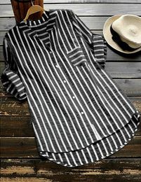 Women's Blouses & Shirts Casual Summer Striped V-Neck Loose Soft Shirt Cotton And Linen Button Down Tunic Plus Size(S M L XL)