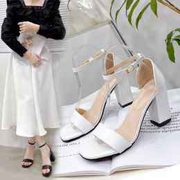 Sandals Big Plus Women PU Leather Black White Beige Pink Block High Heels Ankle Strap Buckle Sandal Elegant Ladies ShoeSandals