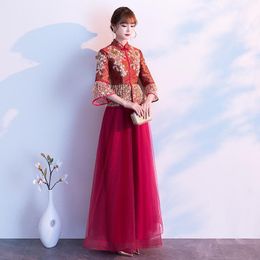 Chinese Traditional Embroidery Wedding Party-dress High-end Evening Dress Banquet Celebrity Formal Host Noble Daily Wear Ethnic Clothing