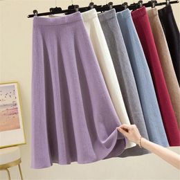 Skirts Autumn Thick Large Swing Knitted Long Skirt Women'S 2022 Korean Elegant Solid Colour Pleated High Waist A-Line Midi SkirtSkirts