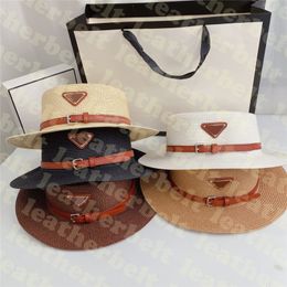 Wide Brim Flat Beach Caps Breathable Straw Hat With Belt Sun Protection Fisherman Hat Triangle Badge Gentleman Bucket Hats