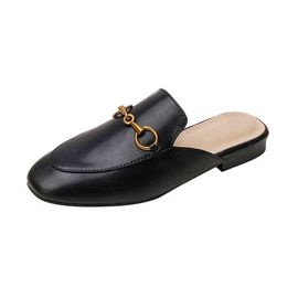 2022 Women Slippers Real Leather Bag Head Half Slippers Wear Muller Sandals Outside New Flat Bottom Lazy Shoes In The Summer Of With Horse Rank 220622