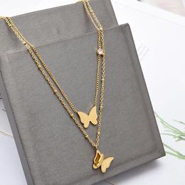 Pendant Necklaces 316L Stainless Steel Gold Colour Butterfly For Women Double Layer Choker 2022Trend Fashion Gift JewelryPendant