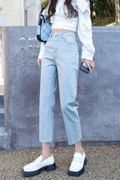 Women's Blue Jeans High Waisted High Elasticity Cropped Long Pants Stretch Pants Denim Colored Jeans Straight Cut Mom Jeans L220726