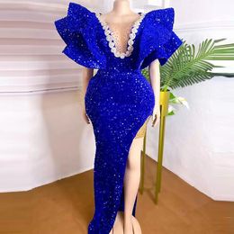 Royal Blue Sequined Prom Dresses With Tiered Ruffles Sleeves Mermaid Evening Dress Sheer Neck Side Split Girls Birthday Gowns