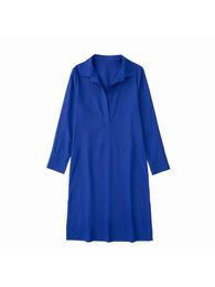 Casual Dresses Women's Summer 2022 Fashion Chic Blue Linen Gown Dress Retro Lapel Slit Long Sleeves Solid Colour Loose SkirtCasual
