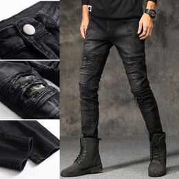 Men's Jeans High-quality Mens Ripped Cotton Black Slim Skinny Motorcycle Men Vintage Distressed Denim Hiphop Pants