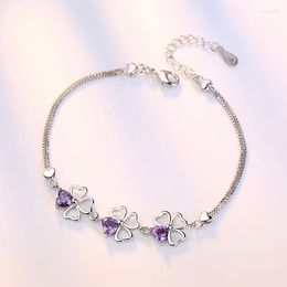Charm Bracelets Silver Plated Bracelet Korean Purple Crystal Lucky Leaf Clover Heart For Women & Bangles O236Charm Lars22