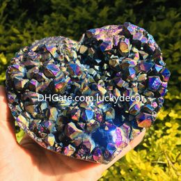 Rainbow Titanium Aura Quartz Amethyst Druzy Cluster Heart Crystal Crafts Mystic Stunning Rock Cluster Geode Mineral Specimen Stone for Home Decoration Feng Shui