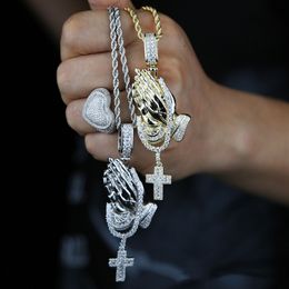 Whosale HipHop Slver Gold Color Iced Out CZ Praying Hand Cross Pendant Necklace Jewelry For Men Women