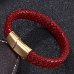 Charm Bracelets Fashion Red Genuine Leather Bracelet Gold Stainless Steel Magnetic Buckle For Women Men Jewelry Gift BB0226Charm Inte22
