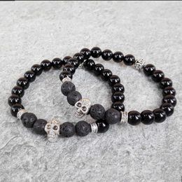 Beaded Strands Retail Design Yoga Jewelry Black Onyx With Lava Stone Bead Bracelets Skull Elastic For Men's Gift M-L345Beaded Lars22