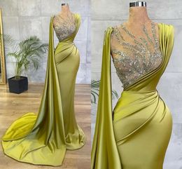 Arabic Lemon Green Satin Mermaid Prom Evening Dresses Sheer Mesh Top Sequin Beads Ruched Formal Occasion Wear Sweep Train Robe de soriee