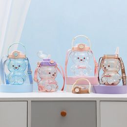 1400ml cartoon bear plastic water bottle large-capacity straw cup high-value mobile phone holder