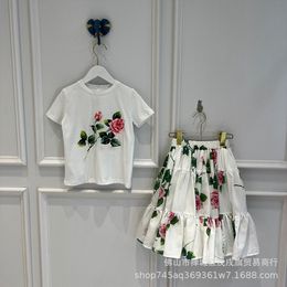 children's Girls Summer lovely flower print round neck short sleeve top leisure comfortable short skirt two-piece set