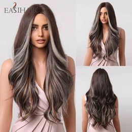EASIHAIR Long Wavy Synthetic Wigs Brown with Highlight Middle Part Natural Hair for Afro Women Cosplay Heat Resistant 220525