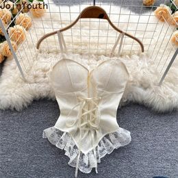Y2k Blouses Sexy Crop Tops Women Corset Lace Bandage T-shirt Camisole Woman Lace-up Sling Tank Top Fashion Sleeveless Waistcoat 220325