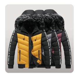 Winter Fur Collar Parkas Men Bomber Jackets Casual Hooded Warm Parka Coats Thicken Windproof Down Coat Mens Patchwork Jacket