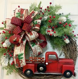 Red Truck Christmas Wreath Window Front Door Decoration Wall Hanging For Xmas Decorations Props Party Home 0825