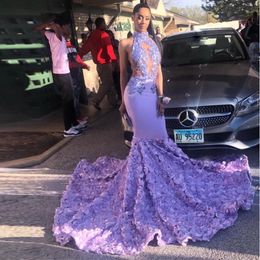 Halter Mermaid Lilac Prom Dresses Backless Rose Train Graduation Party Gowns Lace Appliques Sequin Female Robe De Soiree