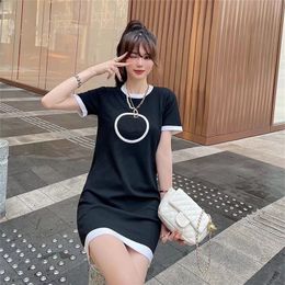 Casual Dresses Linen Mini Dress Women Solid Color Short Sleeve Big Letter O-Neck Loose Tank Beach Sundress Loose Black and White