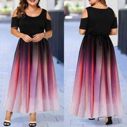 Stitching Colour Plus Size Women O Neck Cold Shoulder Gradient Print Waist Tight Long Party Dress L220705