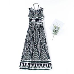 Summer New Vintage Ladies Fashion Blending Bohemia Printed Halter Vneck Midcalf Dres Beading Aline Dress T200526