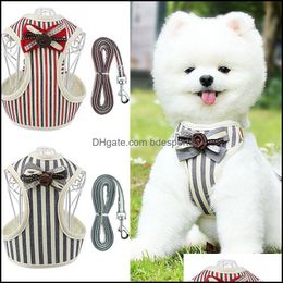 Bowknot Stripes Dog Collars Leashes Harnesses Set Breathable Collar Pet Coat Dogs Clothes Drop Ship Delivery 2021 Supplies Home Garden Zyl