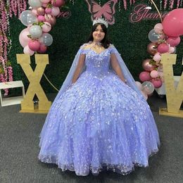 Lavender Crystal Floral Lace Flowers Quinceanera Dresses Ball Gown With Cloak Off The Shoulder Corset For prom Sweet 15 Girls Party