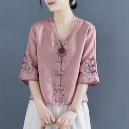 Retro Embroidered Knot Button Cotton Shirt Women 's Summer Chinese Zen Tea Gown Loose Short V-neck Top 220408