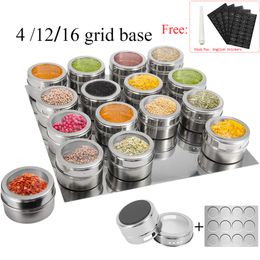 tin is magnetic NZ - Magnetic Spice Jars With Wall Mounted Rack 304 Stainless Steel Spice Tins pepper Seasoning Containers tools Wipeable Label Set 220411
