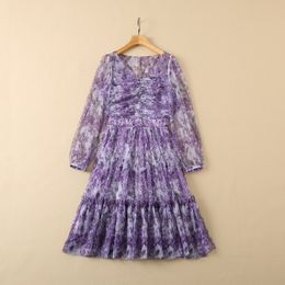 2022 Autumn V Neck Sheer Tulle Floral Dress Romantic Purple Long Sleeve Ruched Knee-Length Dresses 22G210040