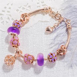 Beaded Strands Purple Big Hole Beads Bracelets Bangles Heart Hollow Pendant Bracelet Charms Chain Fashion Jewellery Accessories For Women 202