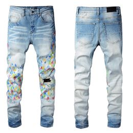 2024 Jeans Mens Paint Denim Skinny Slim Biker Moto Hip Hop Stra Leg Blue Patch Vintage Distress Stretch for Man Guys Knee Ripped Pant Long Zipper