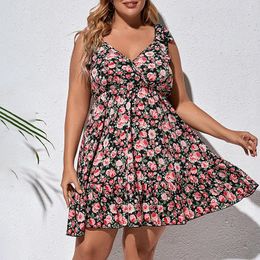 Plus Size Dresses Women Sexy Spaghetti Strap V-neck Floral Vintage High Waist Loose Bohemian Ruched A-line Mini Pleated DressPlus