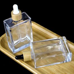 10PC 100ML Flat Square Glass Dropper Bottle Transparent glass bottle with bamboo cap, golden cap, rose gold cap, black cap Y220428
