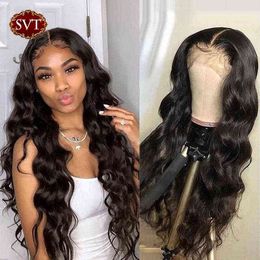 SVT Indian Body Wave Lace Frontal Closure Wig Remy Human Hair Wigs Prelucked With Baby Glueless Long Wavy Black 220609