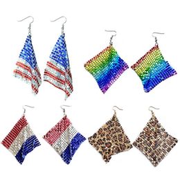 Shine Rainbow Metal Sequins Earrings 2022 New Foldable France UK USA Flag Print Square Mesh Dangle Earrings Jewellery Wholesale