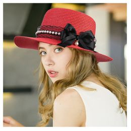 Women Straw Hat Black Lace Bow Wide Brim Fedora Sun Beach hat Porkpie Hat flat top flat brim top outdoor