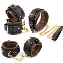 Soft Sponge Handcuffs Ankle Cuffs Bondage Chain Connected Neck Collar Brown Black Restraint sexy Toy for Couple Adult Game BDSM