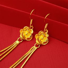 Long Tassel Flower Women Dangle Earrings Solid 18k Yellow Gold Filled Fashion Jewelry Pretty Gift