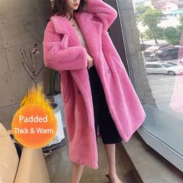 Bella Women Winter Faux Fur Warm Long Coat Sleeve Female Thick Teddy Bear Casual Loose Oversize Outwears LJ200825